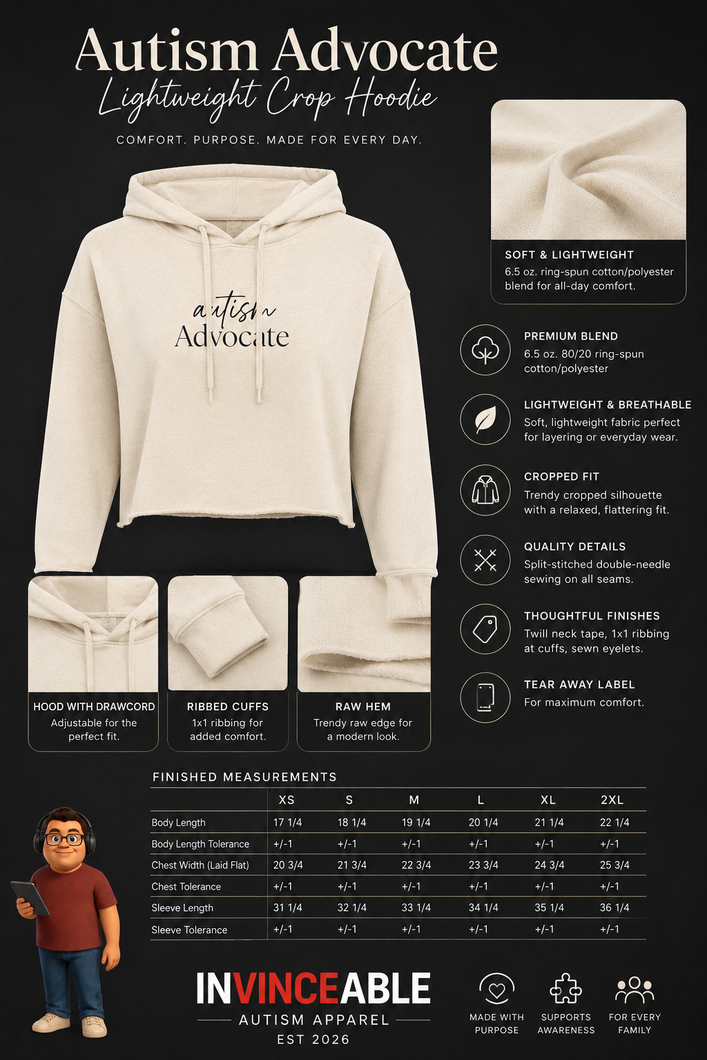 Autism Advocate Lightweight Crop Hoodie